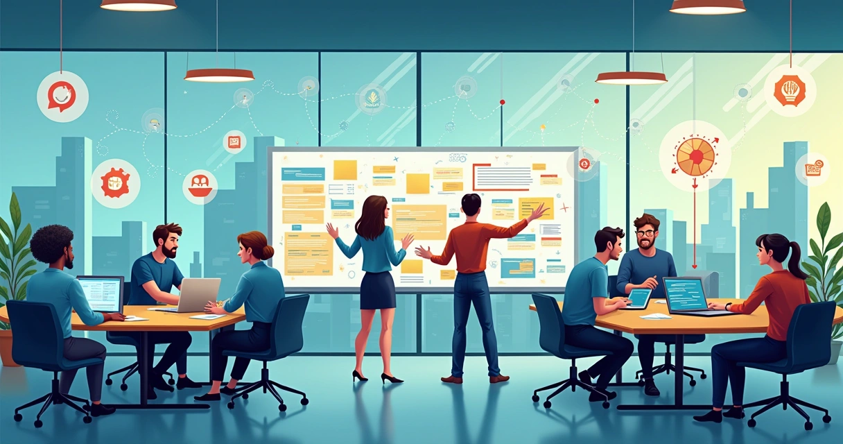 Ilustração de equipes de desenvolvimento de software colaborando em um ambiente de escritório moderno.
