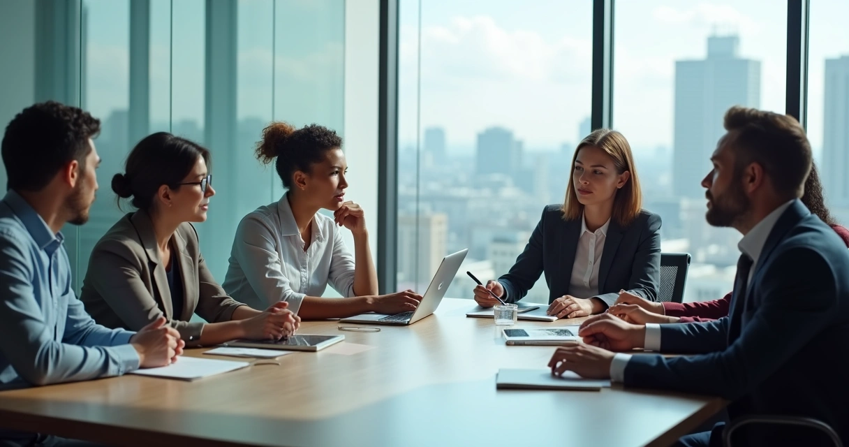 Grupo de pessoas conversando em torno de uma mesa com expressões atentas 