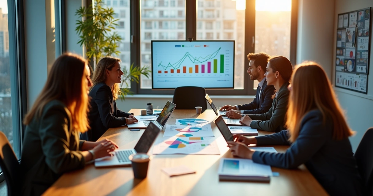 Indicadores para avaliar inteligência de dados em vendas em Fintech 2 Profissionais analisando gráficos e indicadores em uma mesa de reunião