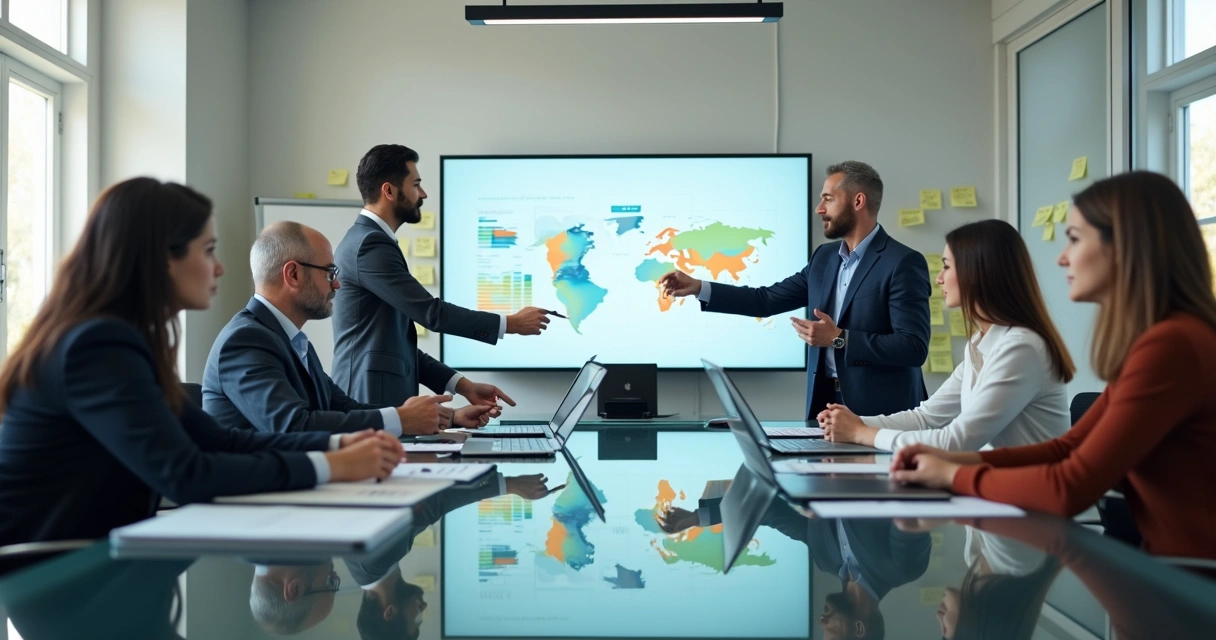 Profissionais discutindo métricas operacionais em uma sala de reunião 