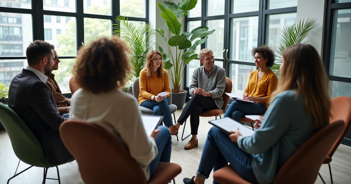 Equipe com pessoas de diferentes idades e estilos sentadas em círculo