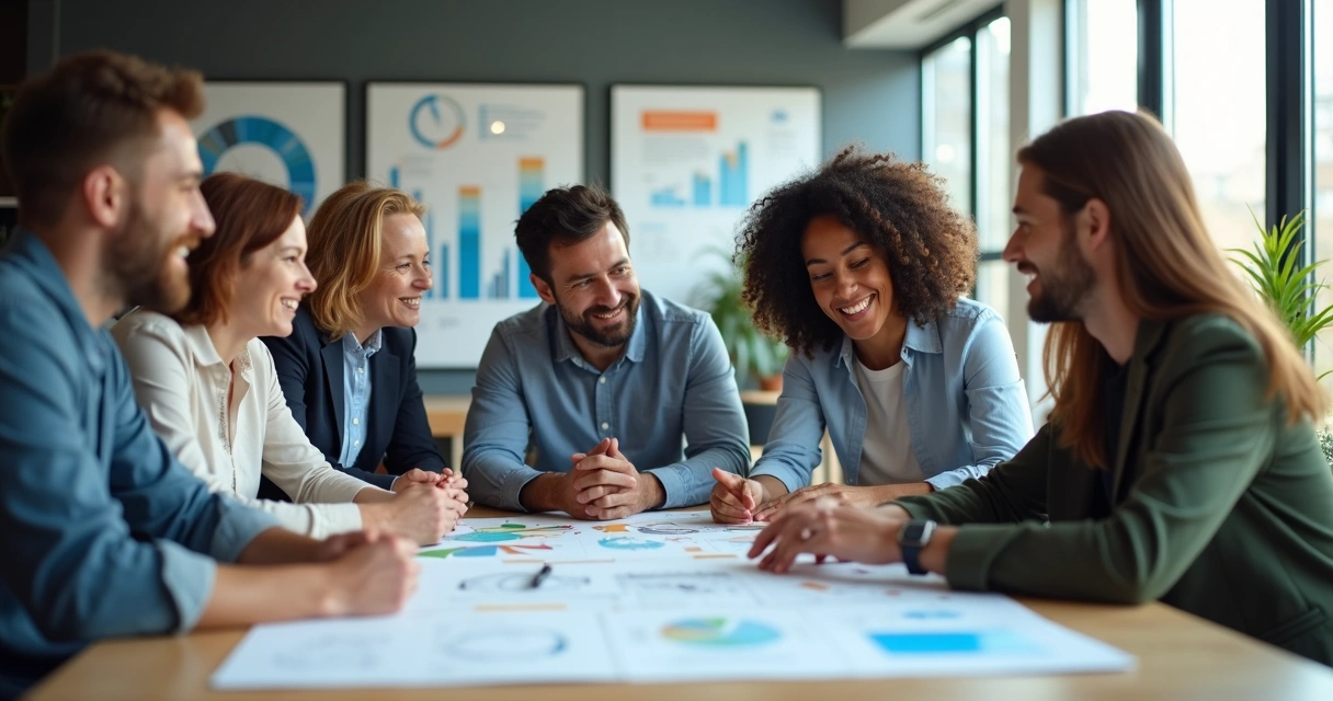 Grupo de profissionais de diferentes perfis em reunião com expressão colaborativa 