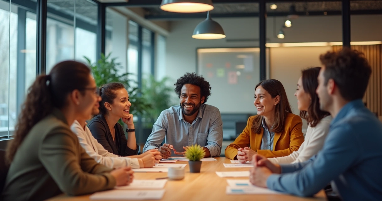 Diversas pessoas reunidas em mesa de reunião, trocando ideias e expressando emoções through gestos e olhares 