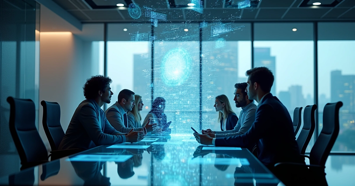 Equipe de profissionais analisando gráficos e dados digitais em telas futuristas de alta tecnologia 