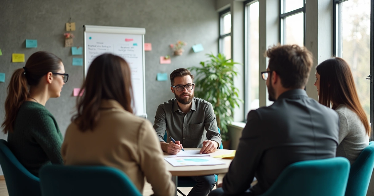 Participantes de uma equipe sentados em círculo, discutindo ativamente em ambiente moderno