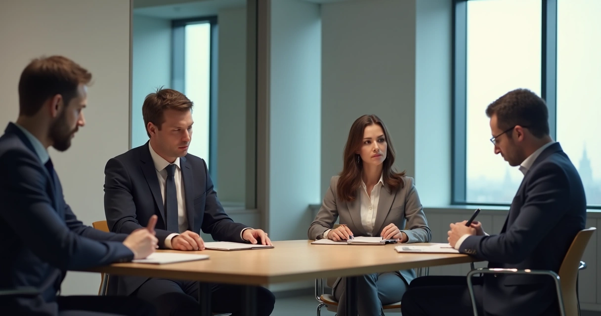 Equipe está em reunião, rostos sérios, conversando pouco. 