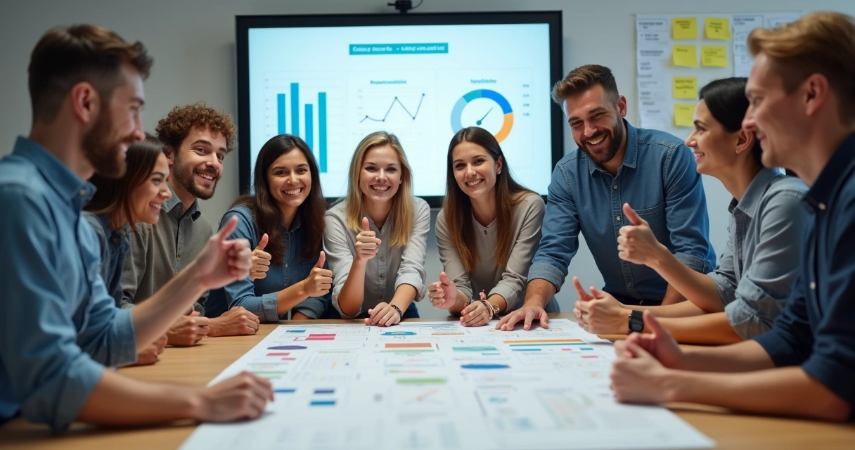 Equipe feliz celebrando conclusão de projeto com melhorias 