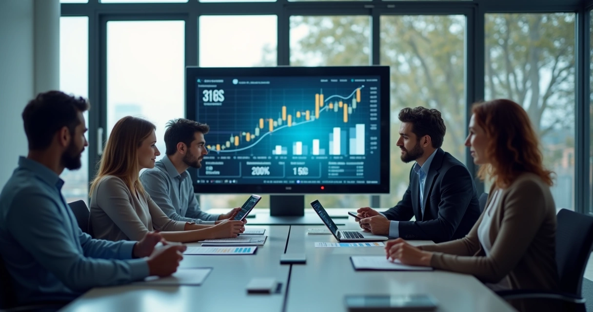 Equipe reunida analisando relatórios financeiros em tela de computador 