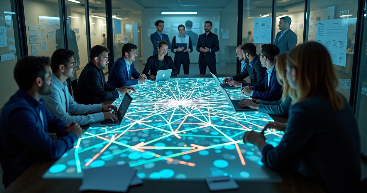 Equipe observa mapa iluminado com fluxos complexos em labirinto organizacional 