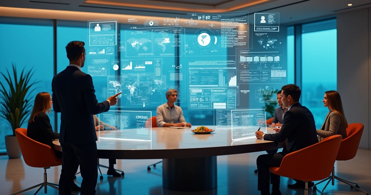 Líder observa equipe diversa colaborando com agentes de IA em telas holográficas 