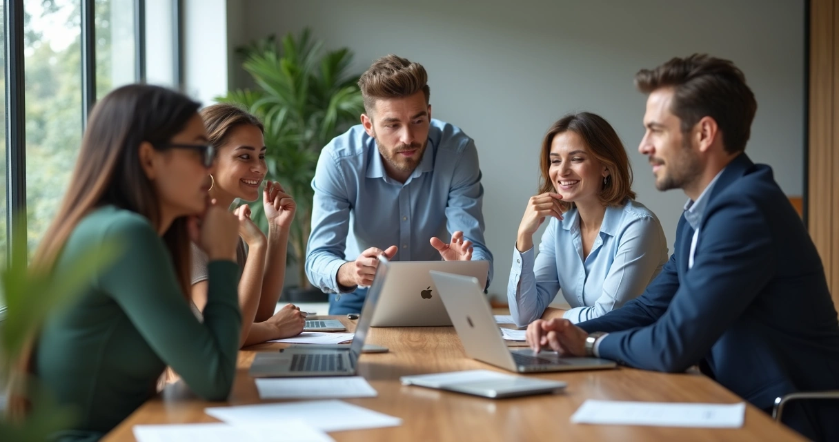 Equipe de trabalho reunida ao redor de mesa, expressando emoções diferentes enquanto líder observa atento 
