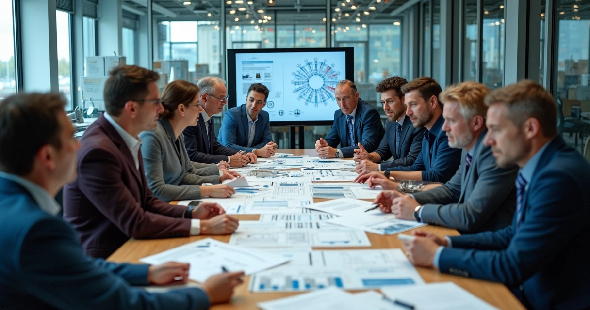 Equipe industrial reunida em discussão em sala de reunião 