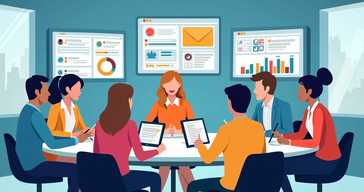 Equipe de comunicação reunida planejando multicanais com painéis digitais 