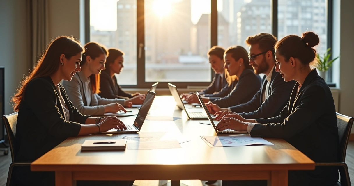 Pessoas diversas reunidas em mesa de reunião, discutindo ideias com expressão de engajamento 