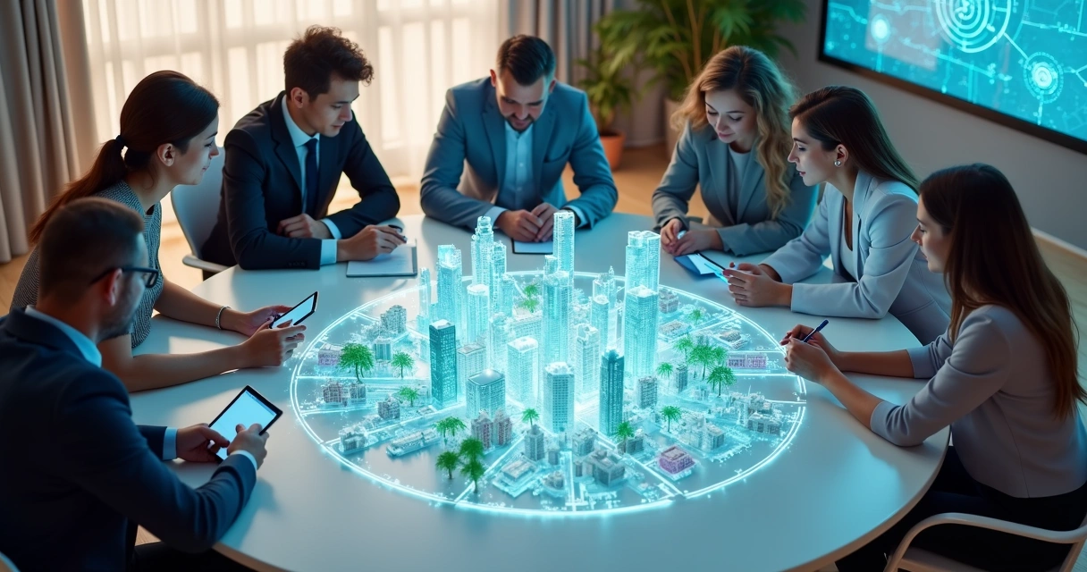 Equipe diversa vista de cima ligada por trajetórias luminosas sobre maquete de cidade 