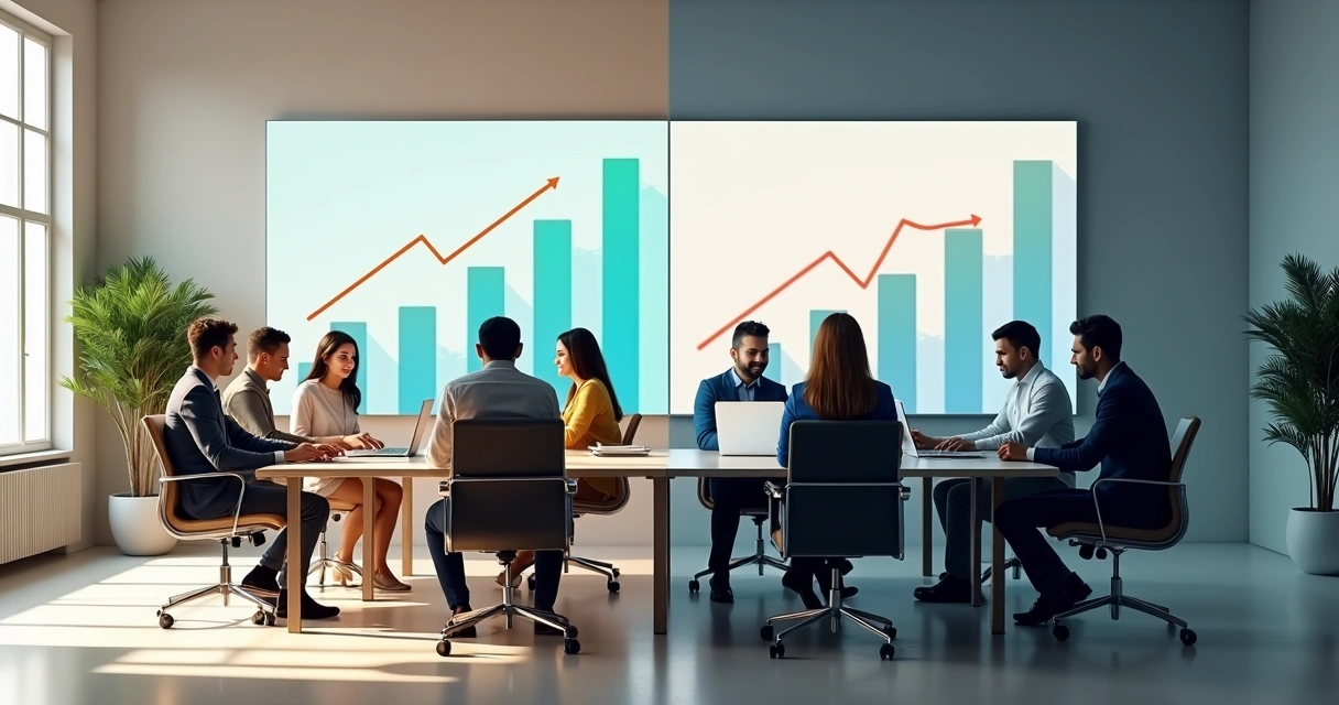 Comparação visual entre equipe madura organizada e equipe imatura caótica em ambiente corporativo 