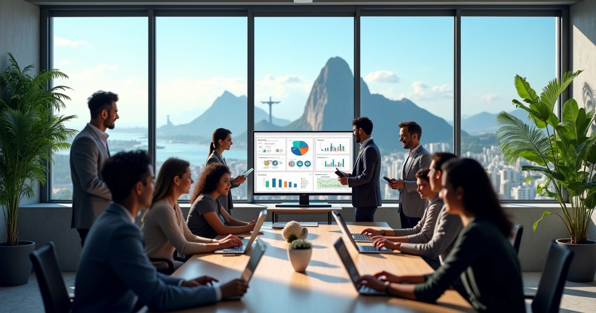 Profissionais de marketing reunidos em escritório moderno com vista para o Rio de Janeiro 
