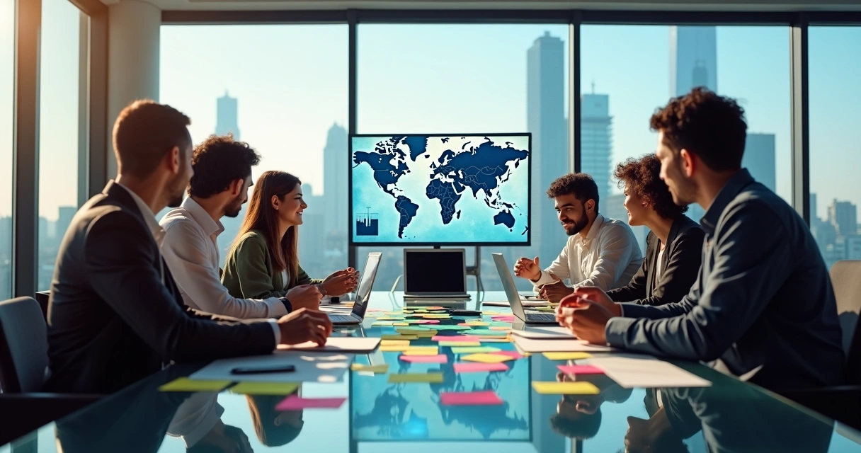 Equipes multiculturais reunidas em sala moderna discutindo inovação empresarial global 