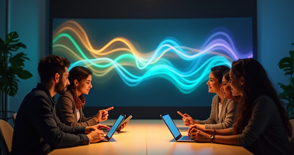 Equipes multiculturais interligadas por ondas de luz coloridas 