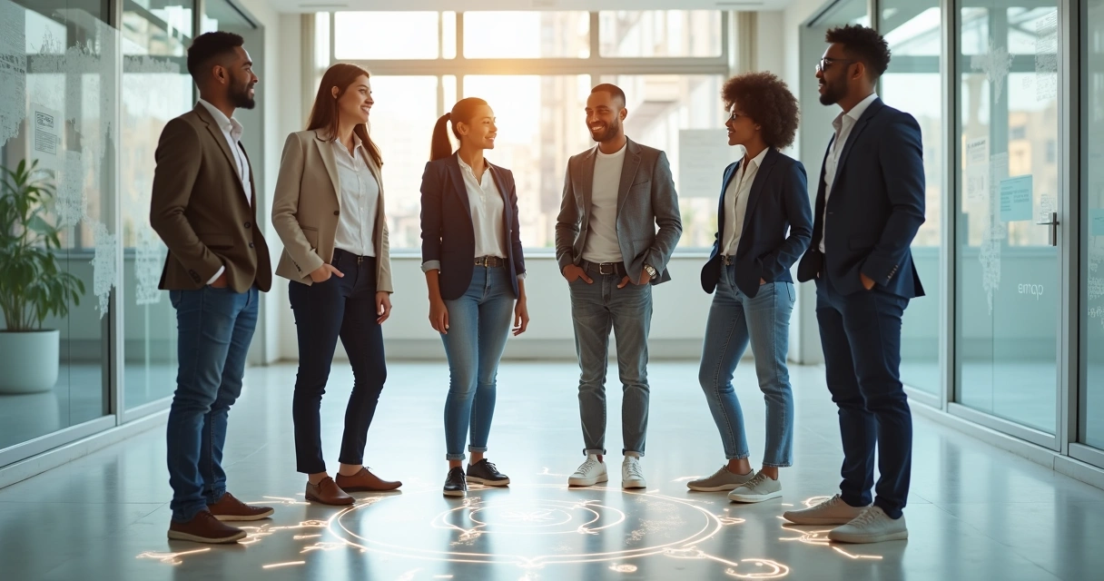 Equipe multicultural em pé sobre chão com linhas conectando papéis de cada pessoa 