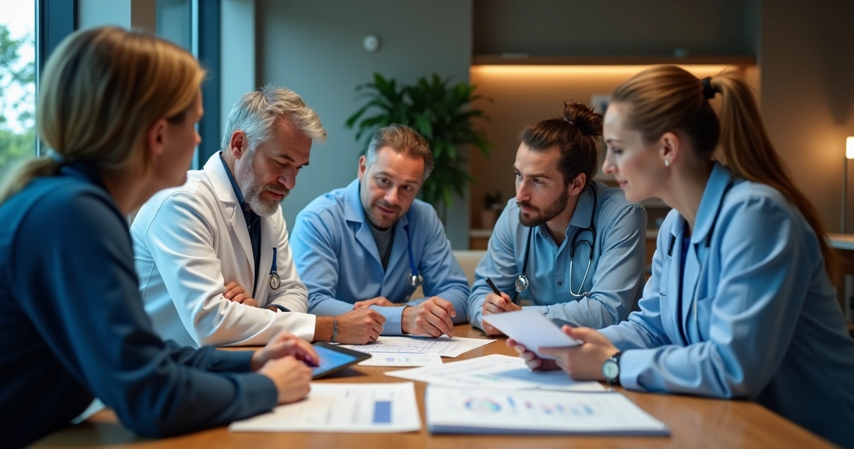Equipe multidisciplinar discutindo informações do paciente ao redor de uma mesa 
