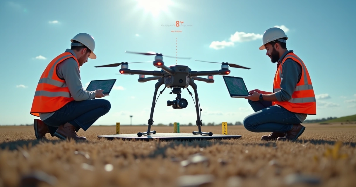 Equipe técnica ajustando drone e câmera em campo 
