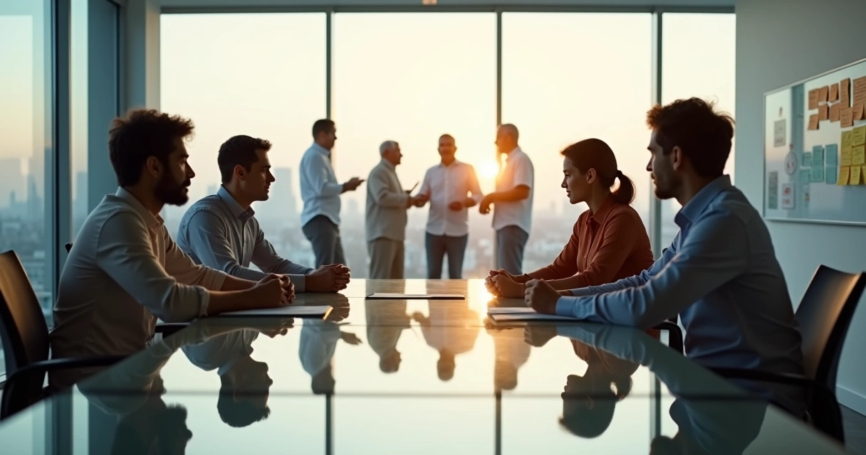 Equipe de projeto em mesa de vidro refletindo silhuetas de gerações passadas 