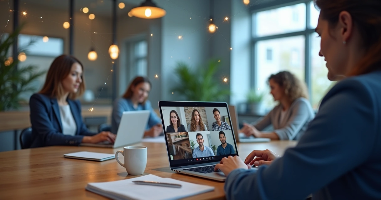 Equipe remota conectada por linhas sutis representando influências invisíveis 