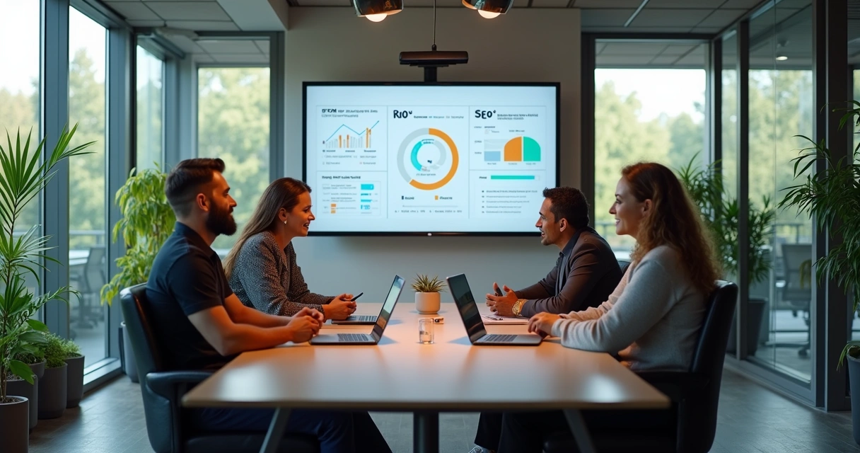Equipe reunida em sala de reunião debatendo métricas de vendas e marketing 