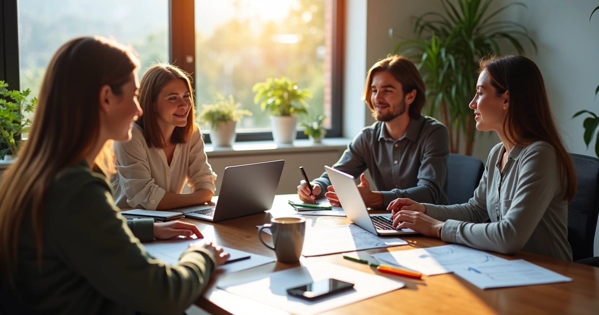 Profissionais de marketing em reunião discutindo estratégia digital 