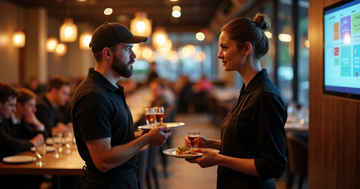 Equipe de salão alinhada usando rádios e gestos para organizar atendimento em restaurante cheio 
