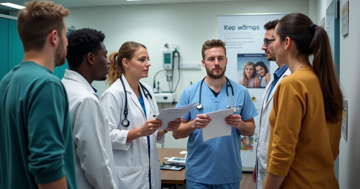 Equipe de saúde orientando jovens em posto sobre uso e distribuição de PrEP