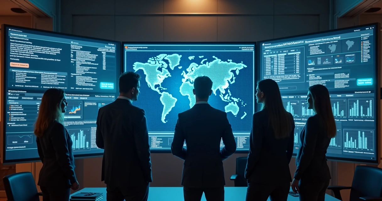 Equipe de segurança em TI analisando dados em uma sala de monitoramento 