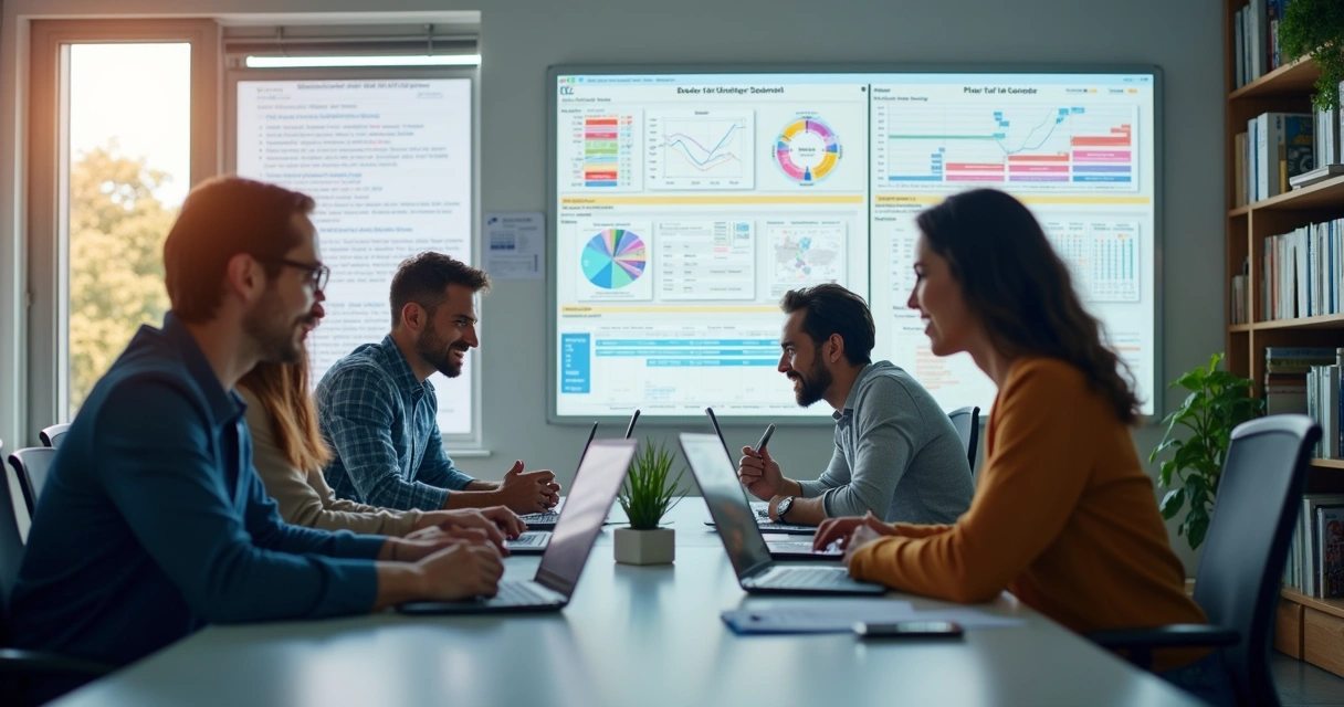 Equipe de social media em um escritório moderno com computadores e quadros brancos ao fundo 