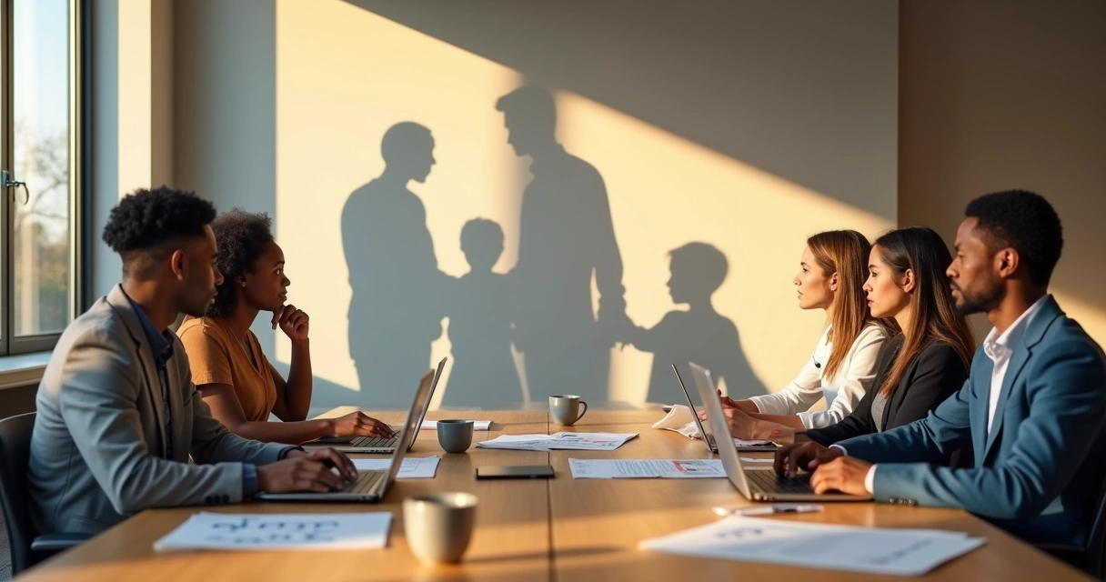 Equipe em reunião com sombras projetando forma de família ao fundo 