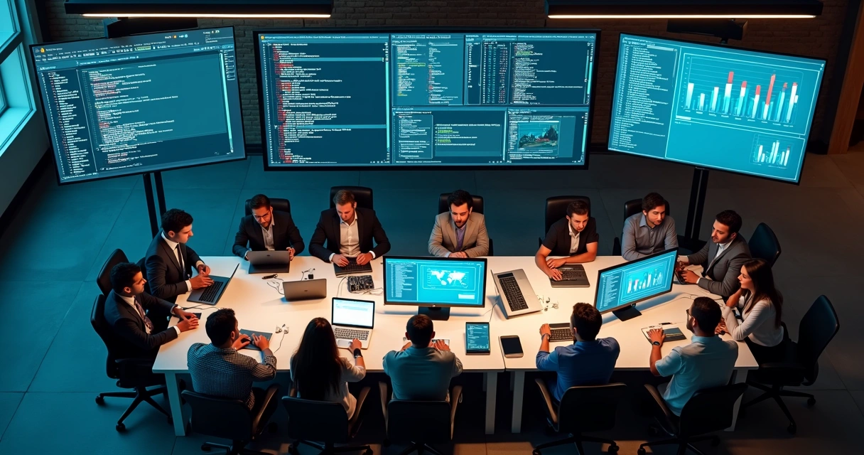 Equipe de tecnologia revendo código e monitorando análise automatizada. 