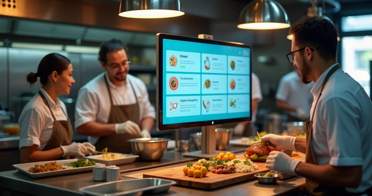 Equipe de restaurante monitorando pedidos em tela central