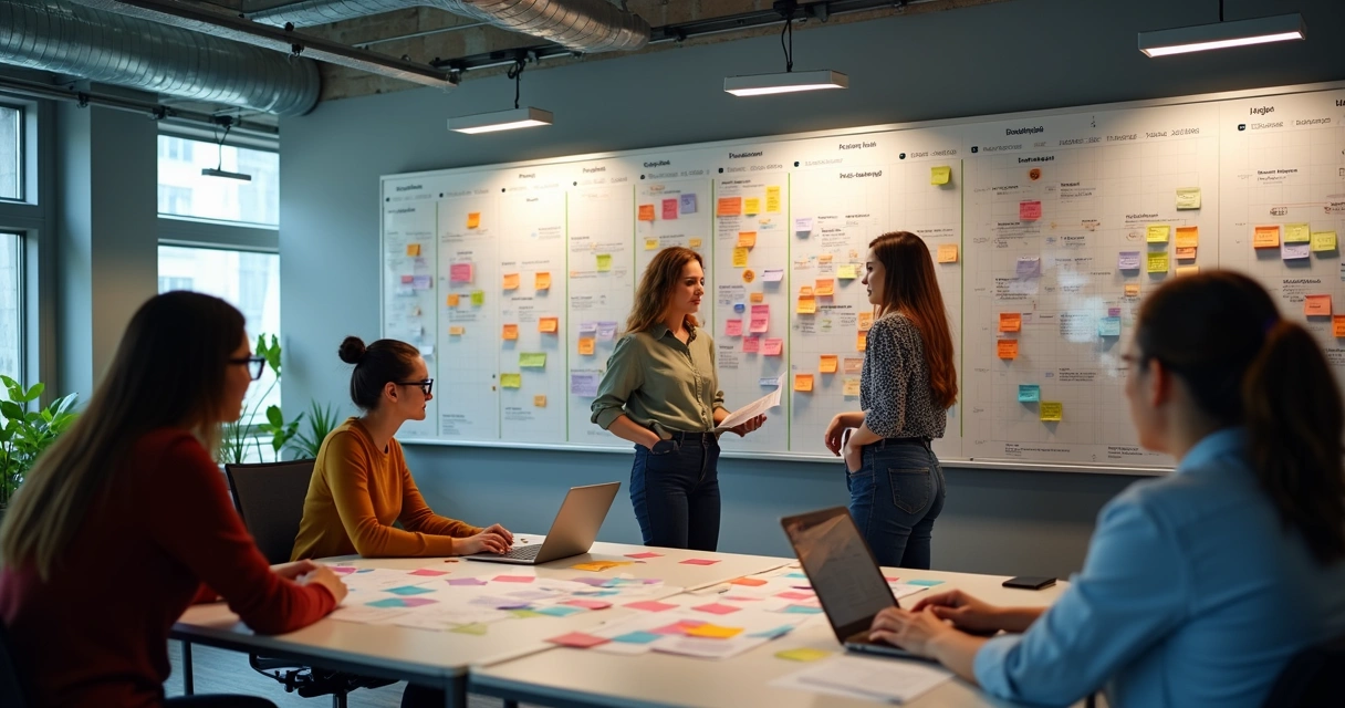 # PE 2025 6 Equipes trabalhando em planos de ação com quadros e post-its