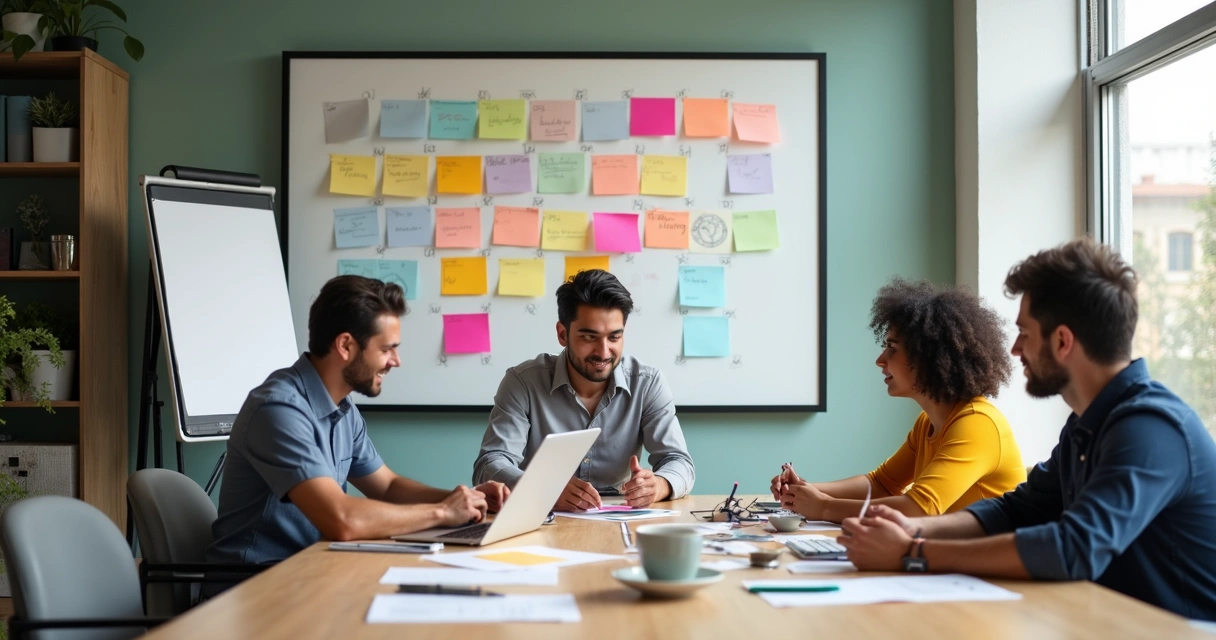 Equipe de trabalho colaborando em ambiente moderno com quadro branco e post-its coloridos ilustrando fluxo de trabalho ágil 