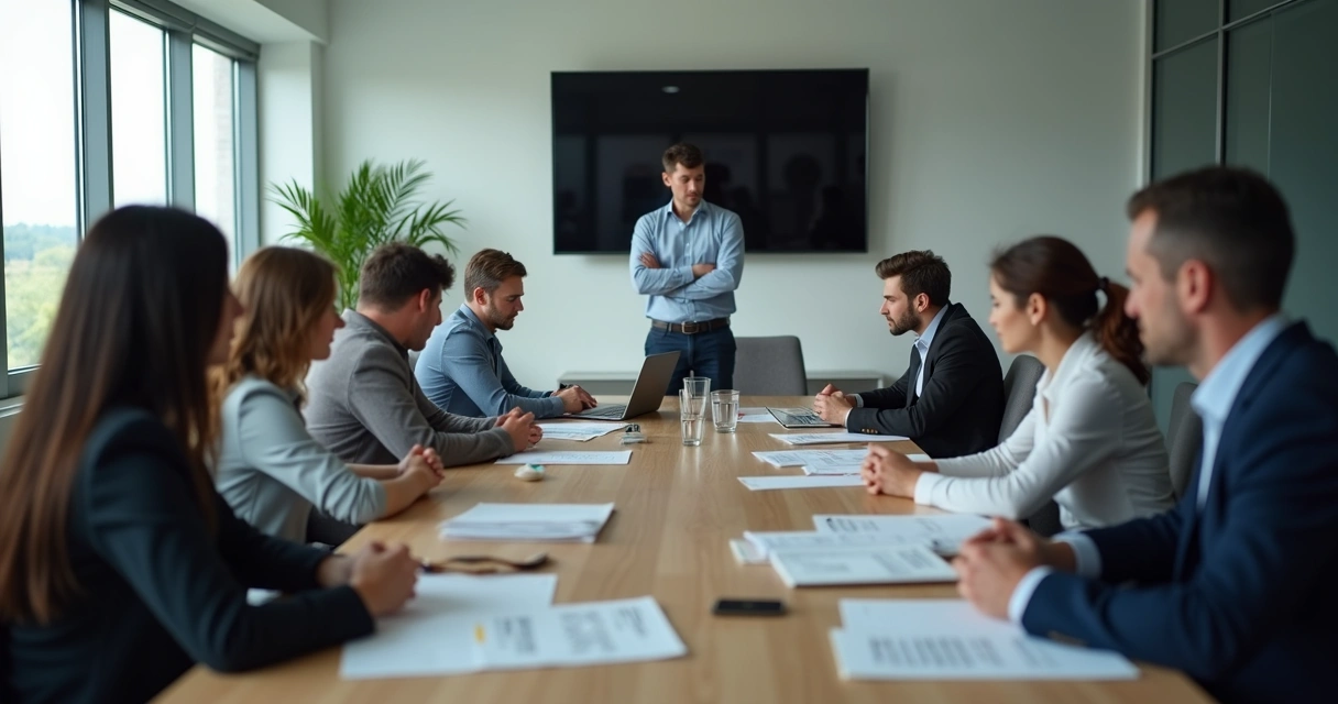 Grupo de pessoas em uma mesa de reunião com gestos de insatisfação e isolamento