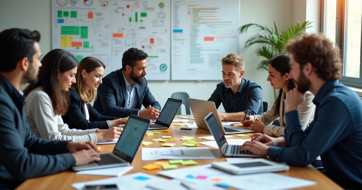 Equipe multidisciplinar trabalhando junta em projetos digitais, com computadores, gráficos e anotações em ambiente moderno 