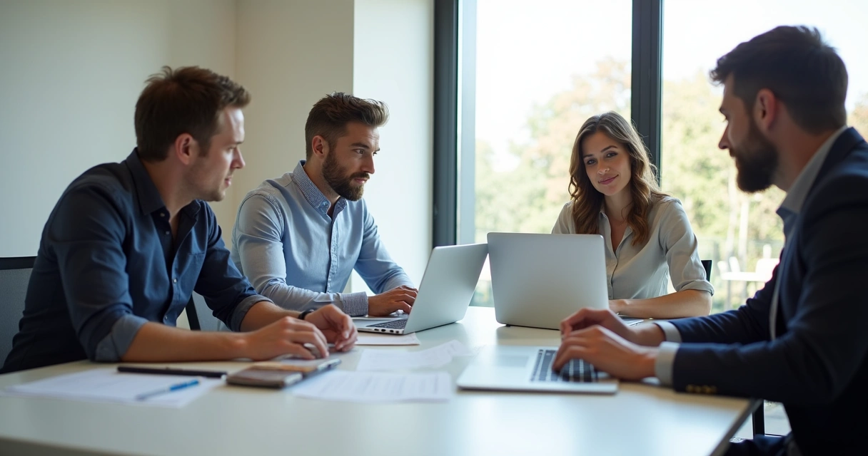 6 formas de reduzir custos operacionais em empresas dos EUA 1 Equipe e profissionais terceirizados reunidos em sala de reunião moderna, com computadores e papéis na mesa, colaborando juntos.