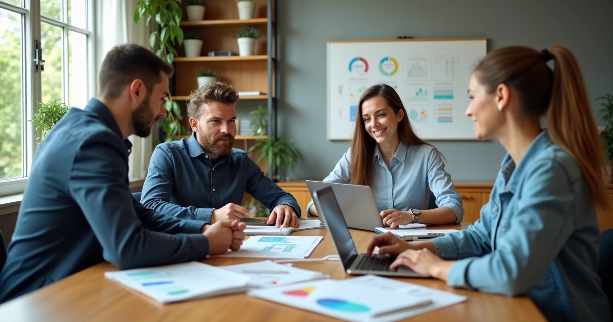 Equipe de vendas reunida em pequena empresa discutindo estratégias 