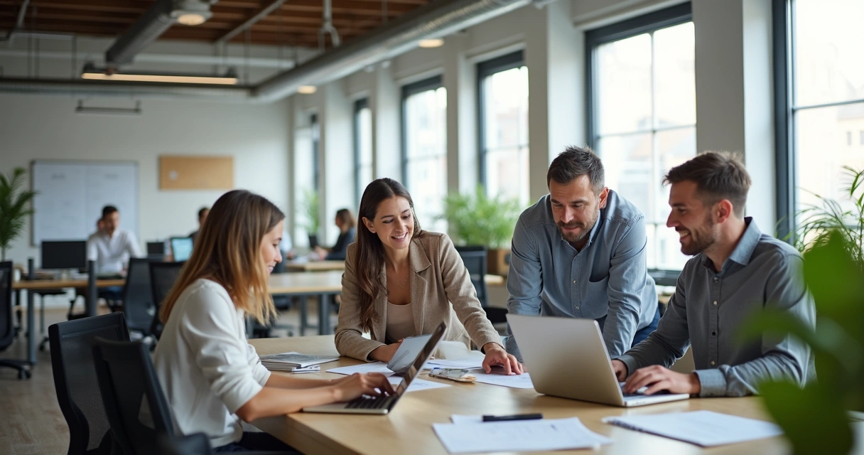 Equipo de oficina adaptándose a cambios en espacio colaborativo moderno.