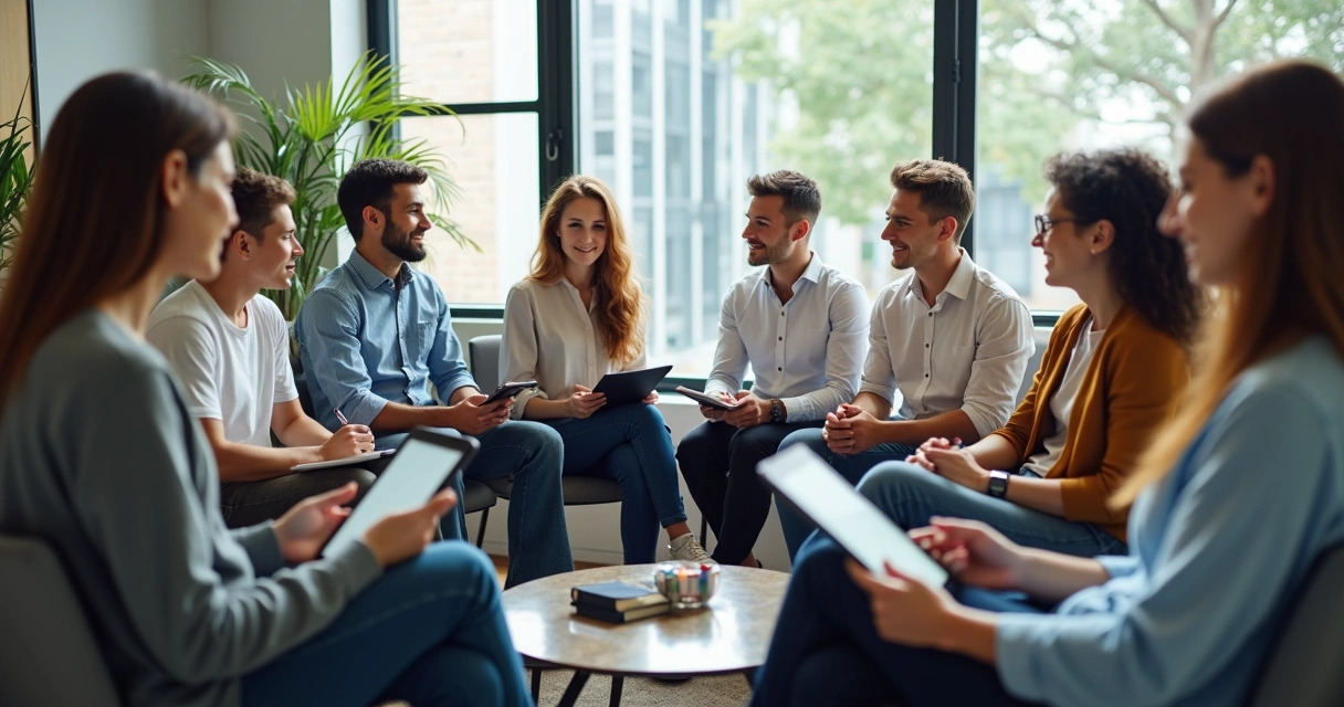 Equipo de trabajo reunido en círculo, interacción colaborativa