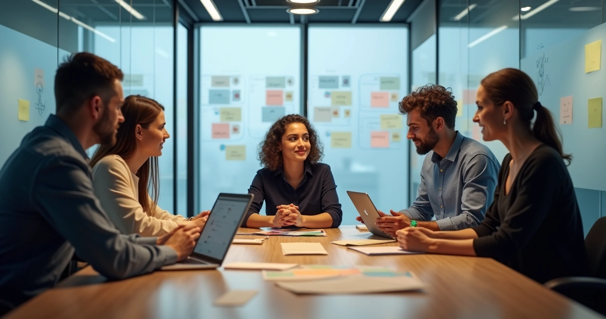 Equipo ágil en oficina moderna con conexiones invisibles entre personas 