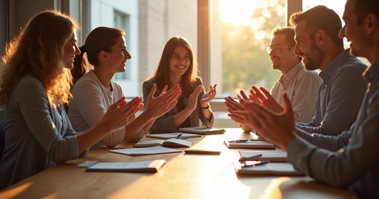 Equipo de trabajo aplaudiendo amablemente al final de una reunión, mostrando gratitud