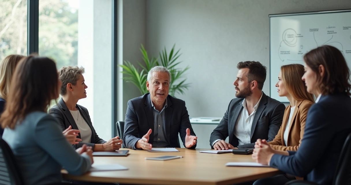 Líder facilitando conversación en equipo de alto rendimiento sentado en círculo 