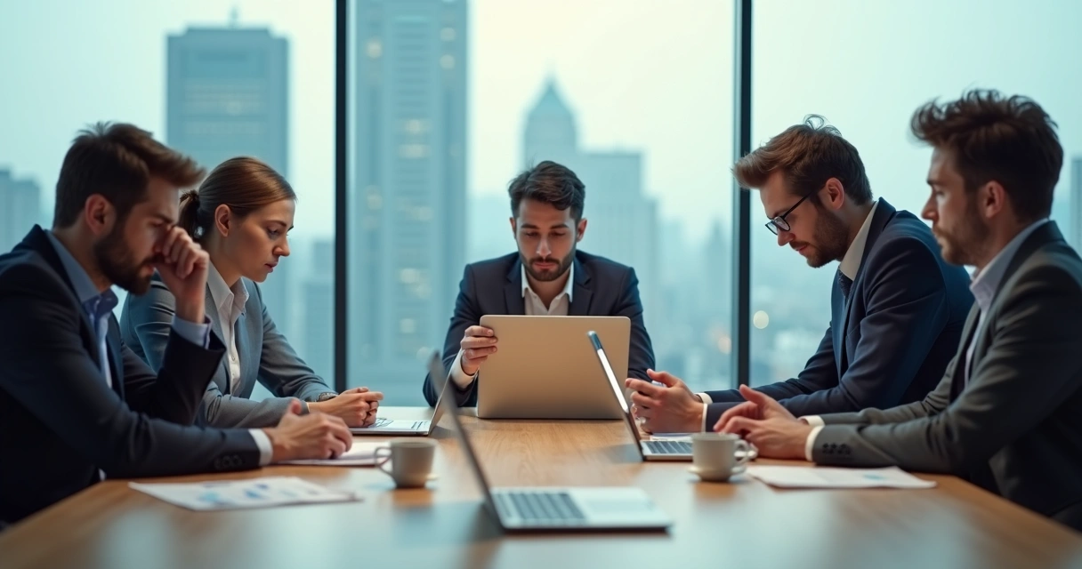 Equipo de alto rendimiento en oficina moderna mostrando estrés y desconexión emocional 
