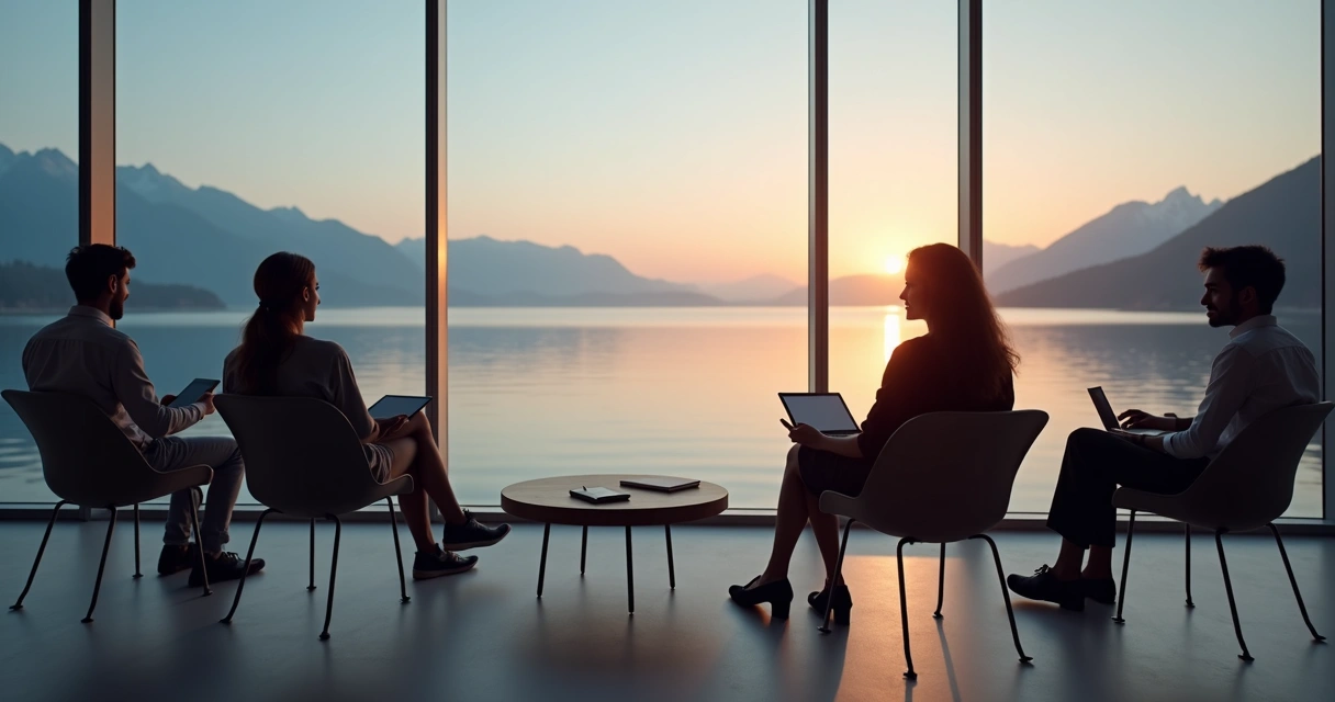 Equipo sentado en silencio mirando un lago al amanecer desde una sala de reuniones de vidrio 